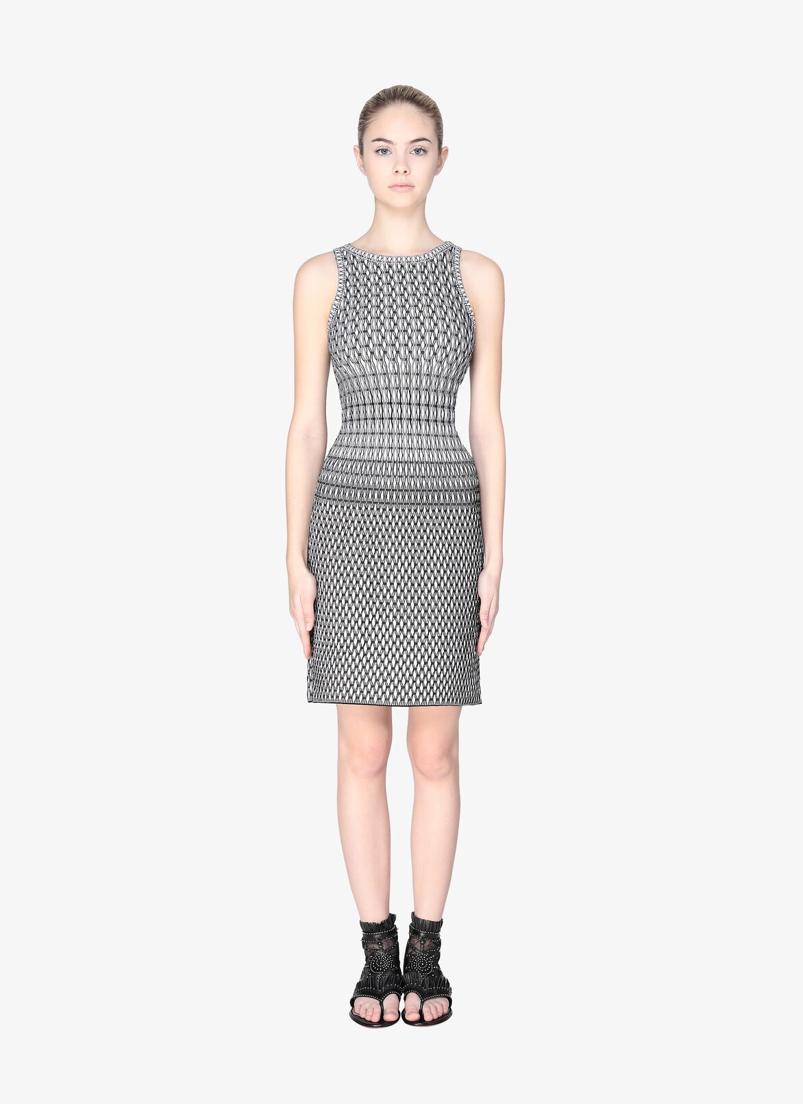 SLEEVELESS DRESS ROCAILLE IVORY/BLACK ALAÏA IVORY/BLACK SLEEVELESS DRESS ROCAILLE IVORY/BLACK